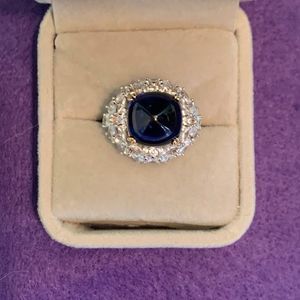 Sapphire ring, new, no tags, solid sterling, domed sapphire, white diamonds sz 7